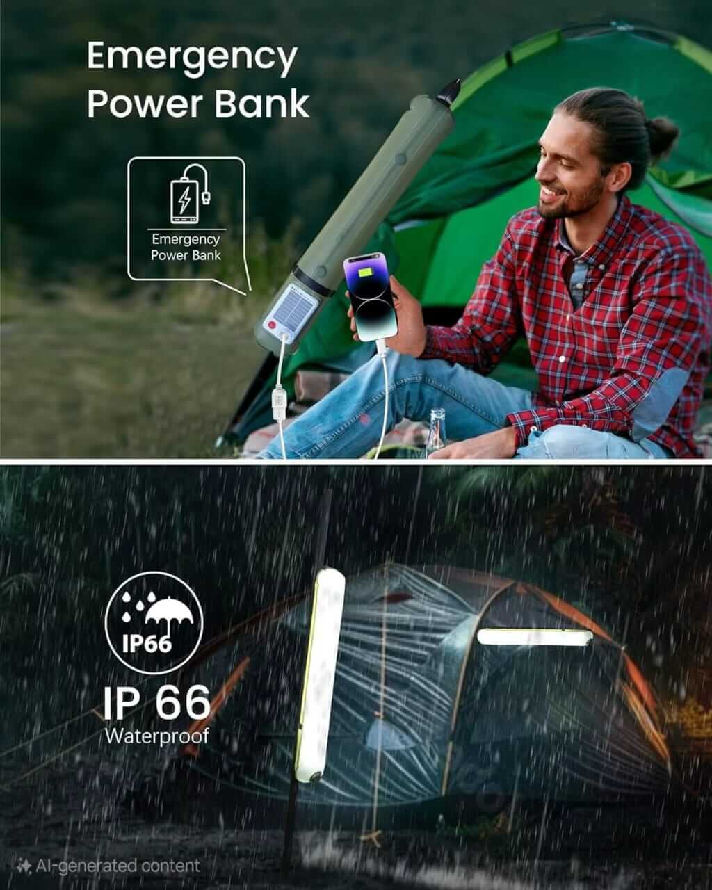 Outdoor scene showcasing a man using an emergency power bank while camping with a waterproof solar rechargeable light tube.