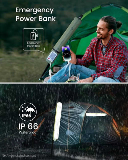 Outdoor scene showcasing a man using an emergency power bank while camping with a waterproof solar rechargeable light tube.
