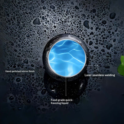 Espresso Chilling Ball showing hand-polished finish, laser welding, and quick-freezing liquid for cooling shots.