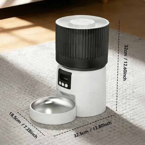 Smart Precision Pet Feeder in a minimalist white finish, showcasing the automated food dispensing tray and digital interface.