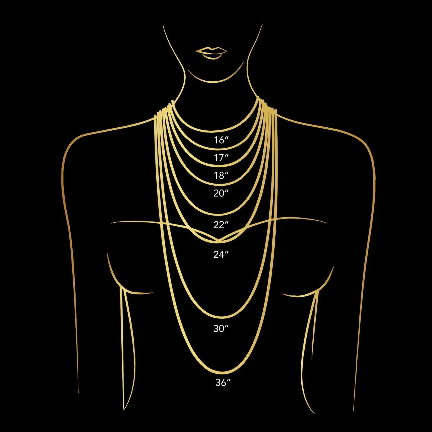 Sizing guide for lilac clover jewelry set featuring various necklace lengths for perfect fit.