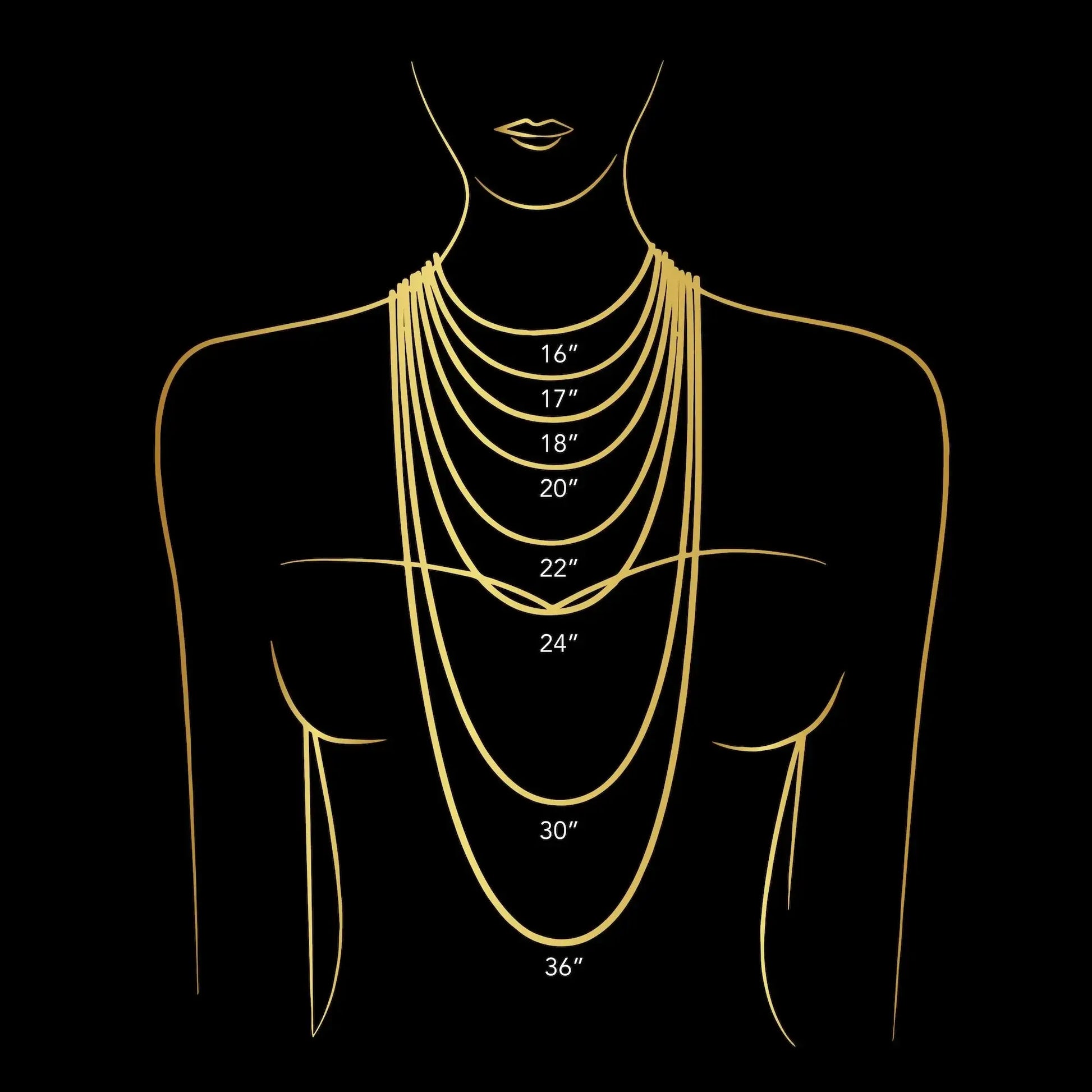 Sizing guide for lilac clover jewelry set featuring various necklace lengths for perfect fit.