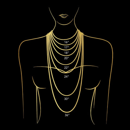 Sizing guide for lilac clover jewelry set featuring various necklace lengths for perfect fit.