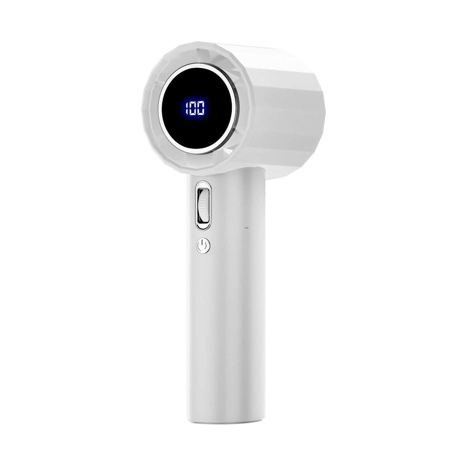 Handheld Bladeless Mini Fan featuring a digital display and ergonomic design, USB powered, and noise level below 36dB.