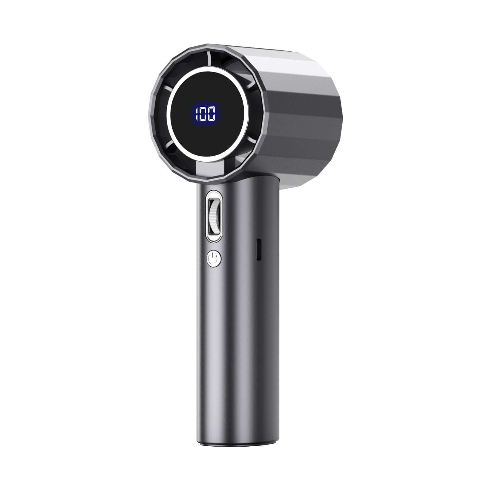 Handheld Bladeless Mini Fan featuring a digital display and sleek design for high-speed cooling.