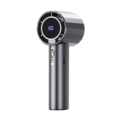 Handheld Bladeless Mini Fan featuring a digital display and sleek design for high-speed cooling.