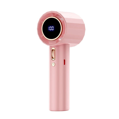 Handheld Bladeless Mini Fan in pink color with digital display and speed control buttons.