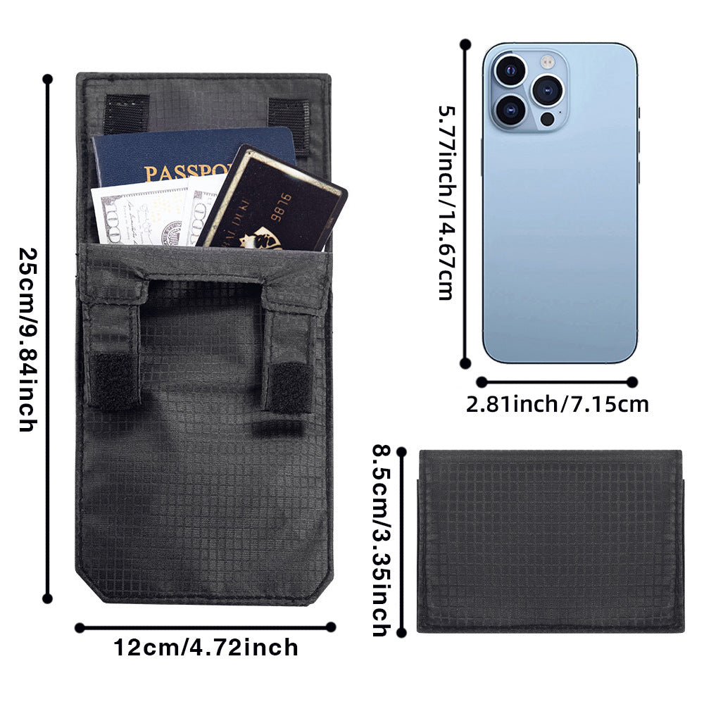 Hidden Travel Passport Wallet dimensions with passport and phone for concealed travel storage.