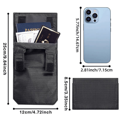 Hidden Travel Passport Wallet dimensions with passport and phone for concealed travel storage.