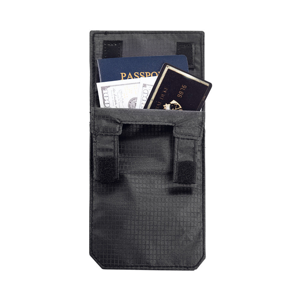 Hidden Travel Passport Wallet showing a black pouch with a passport and cash inside for anti-theft security.