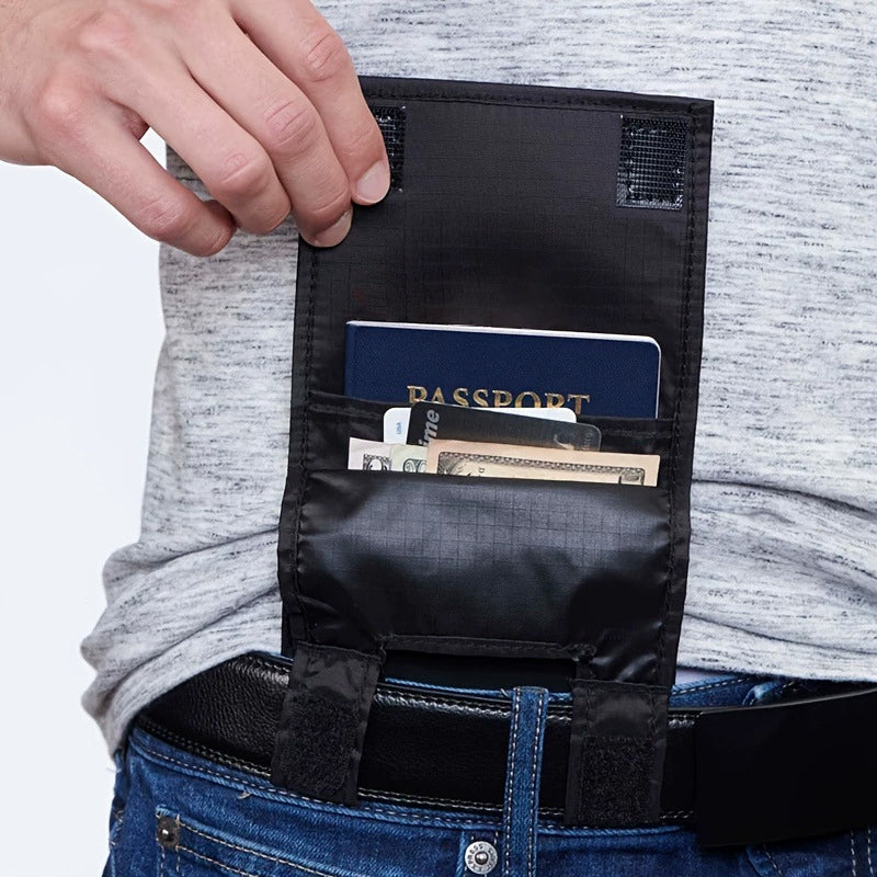 Hidden Travel Passport Wallet tucked discreetly in trousers with passport and cash visible.