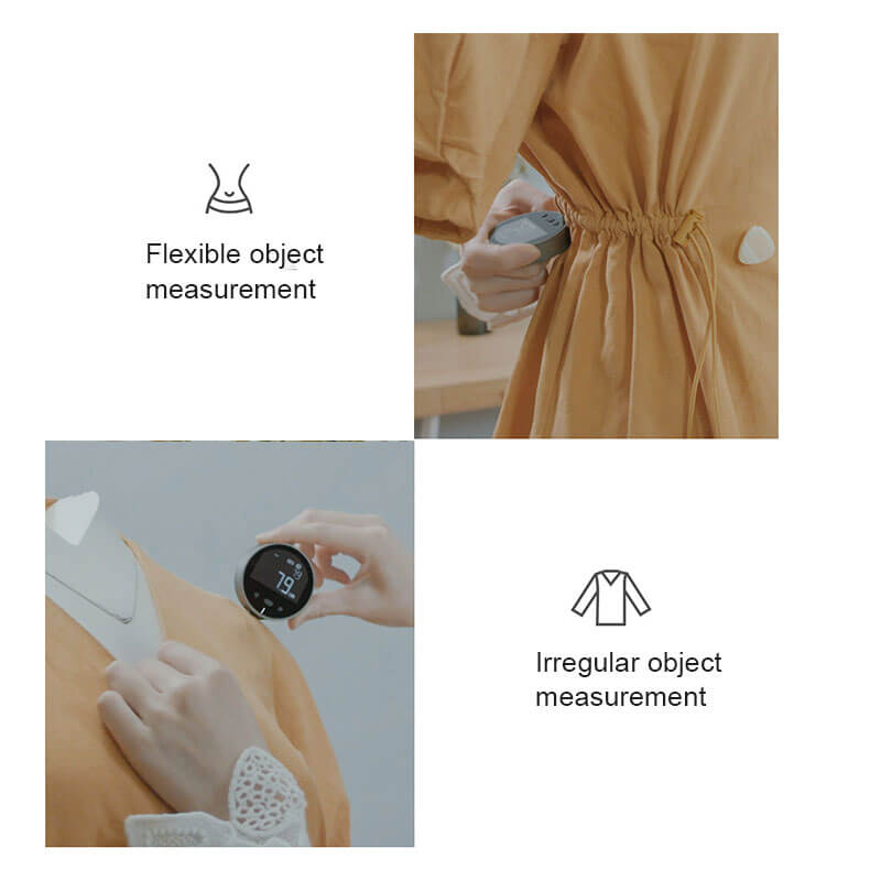 A person uses the High Precision Electronic Measuring Ruler Tool: PrecisionCore HD to measure around the waist and sleeve of a dress, demonstrating its ability to handle flexible and irregular objects. Simple icons and text labels highlight each step.