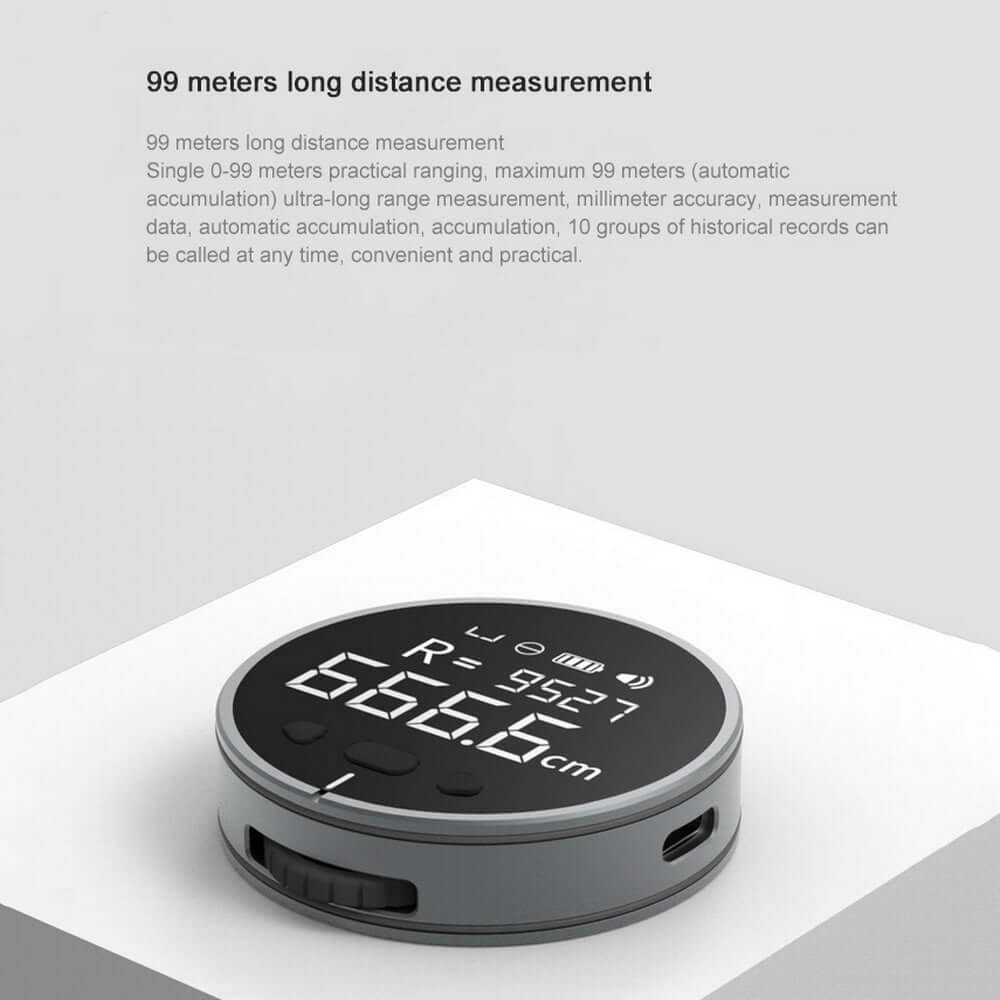 The PrecisionCore HD High Precision Electronic Measuring Ruler Tool displays R=9527 and 666.66 cm, with text above in black and gray on a white background highlighting its 99-meter measurement capability and key features.