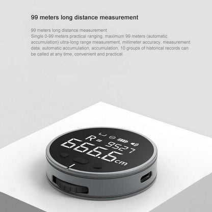 The PrecisionCore HD High Precision Electronic Measuring Ruler Tool displays R=9527 and 666.66 cm, with text above in black and gray on a white background highlighting its 99-meter measurement capability and key features.