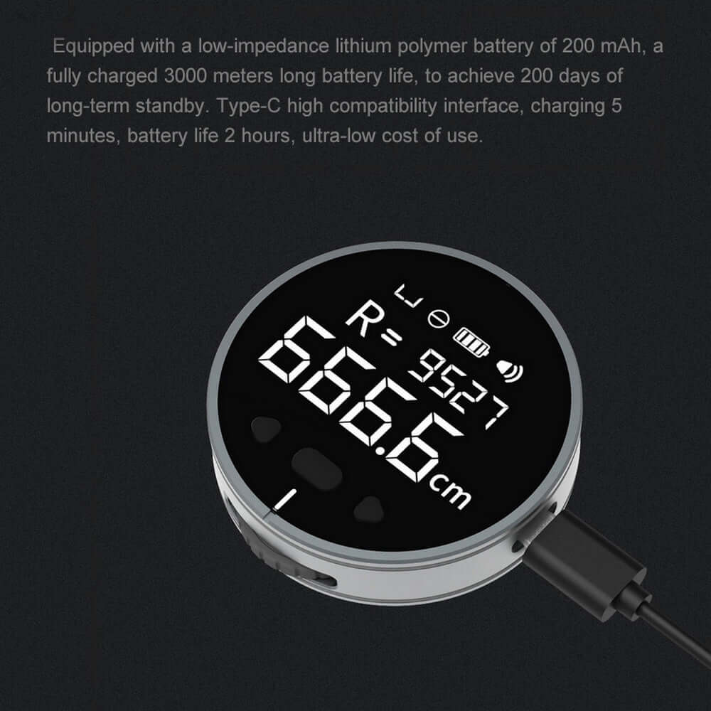 The PrecisionCore HD is a high precision electronic measuring ruler with a round display showing “R=9527” and “666.6 cm.” Connected via Type-C cable, it displays specs and battery info in gray text on a dark background.