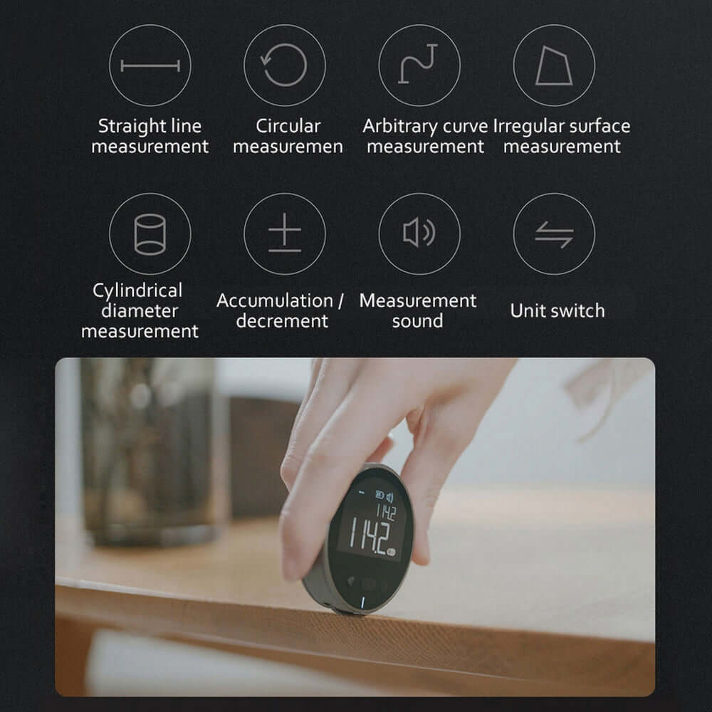 A hand uses the PrecisionCore HD High Precision Electronic Measuring Ruler Tool on a flat wooden surface. Above it, icons and text highlight features like varied measurement types, sound alerts, and unit switching for precise results.