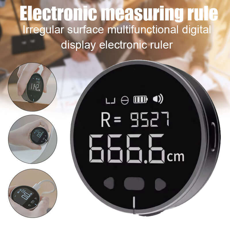 A round black High Precision Electronic Measuring Ruler Tool : PrecisionCore HD with digital display reads 666.6 cm. Smaller images show it in use. "Electronic measuring rule and product features" appear above.