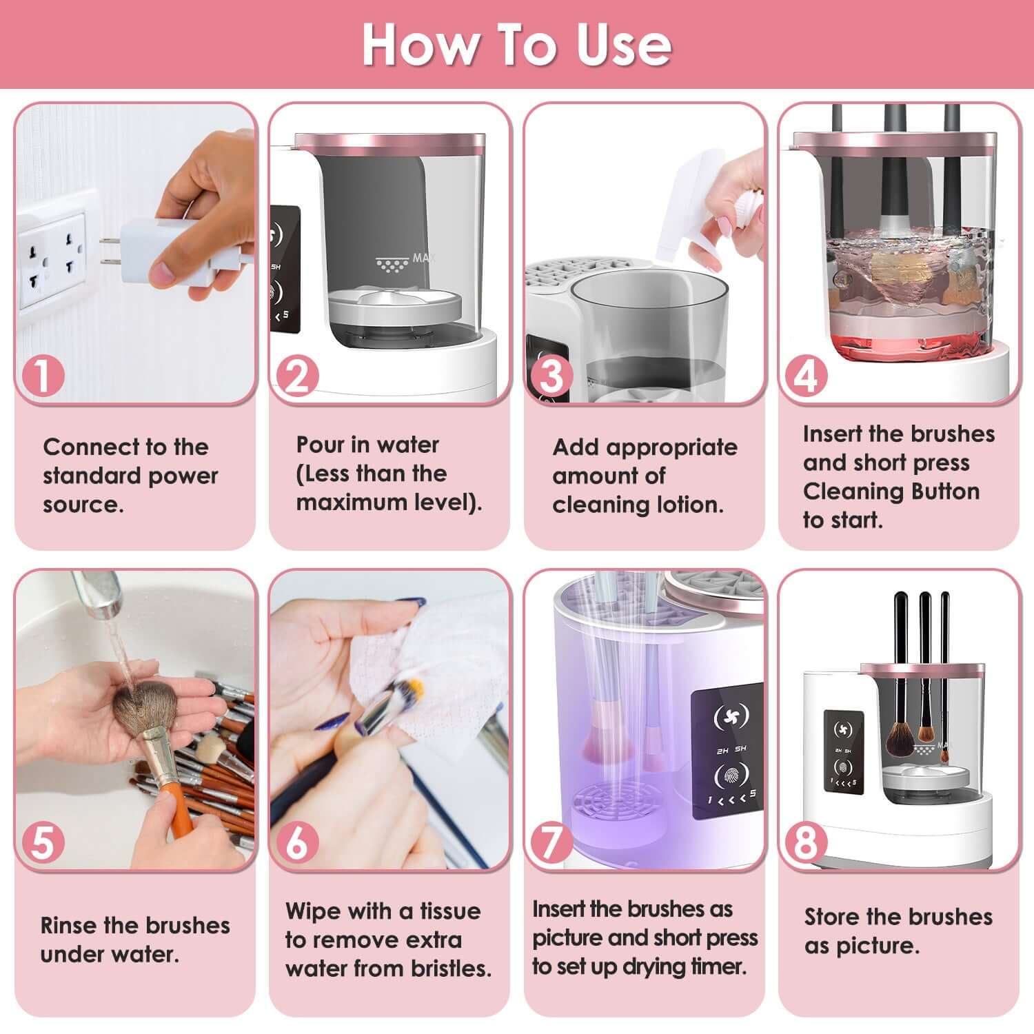 4-in-1 Electric Makeup Brush Cleaner with a sleek digital display, showing the UV sterilization chamber and brush storage compartment.