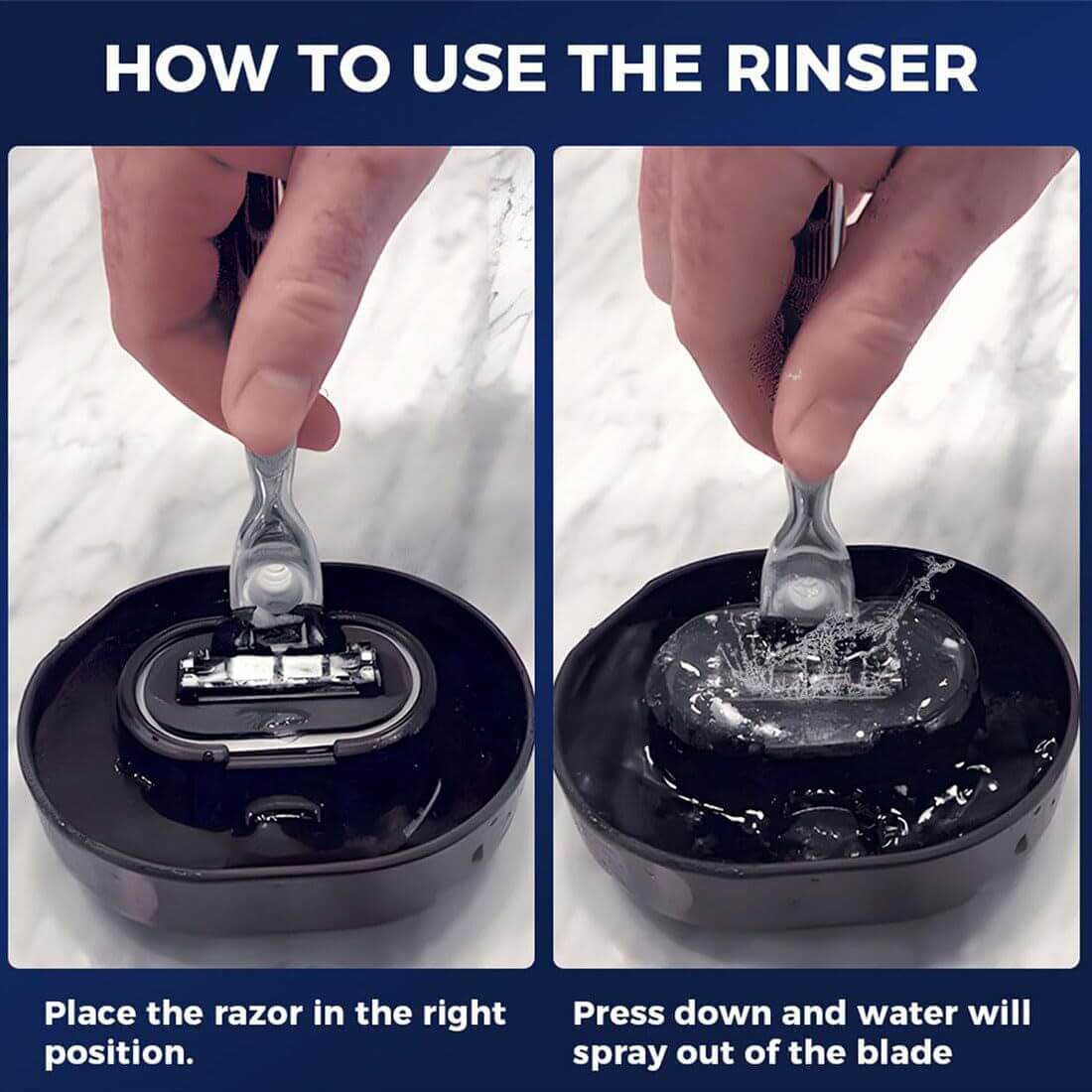 How to use the shaver cleaner: place the razor correctly, press down to spray water and clean the blades.