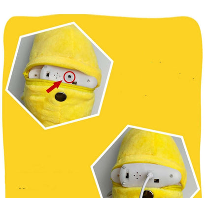 Human-Sensing Interactive Plush Toy close-up showing battery and charging ports on the yellow plush.