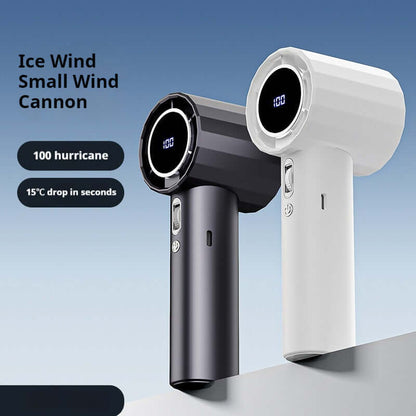 Handheld Bladeless Mini Fan in black and white showcasing fast cooling technology with digital display.