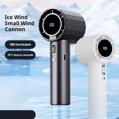 Handheld Bladeless Mini Fan in gray and white, showcasing high-speed cooling features and sleek design.