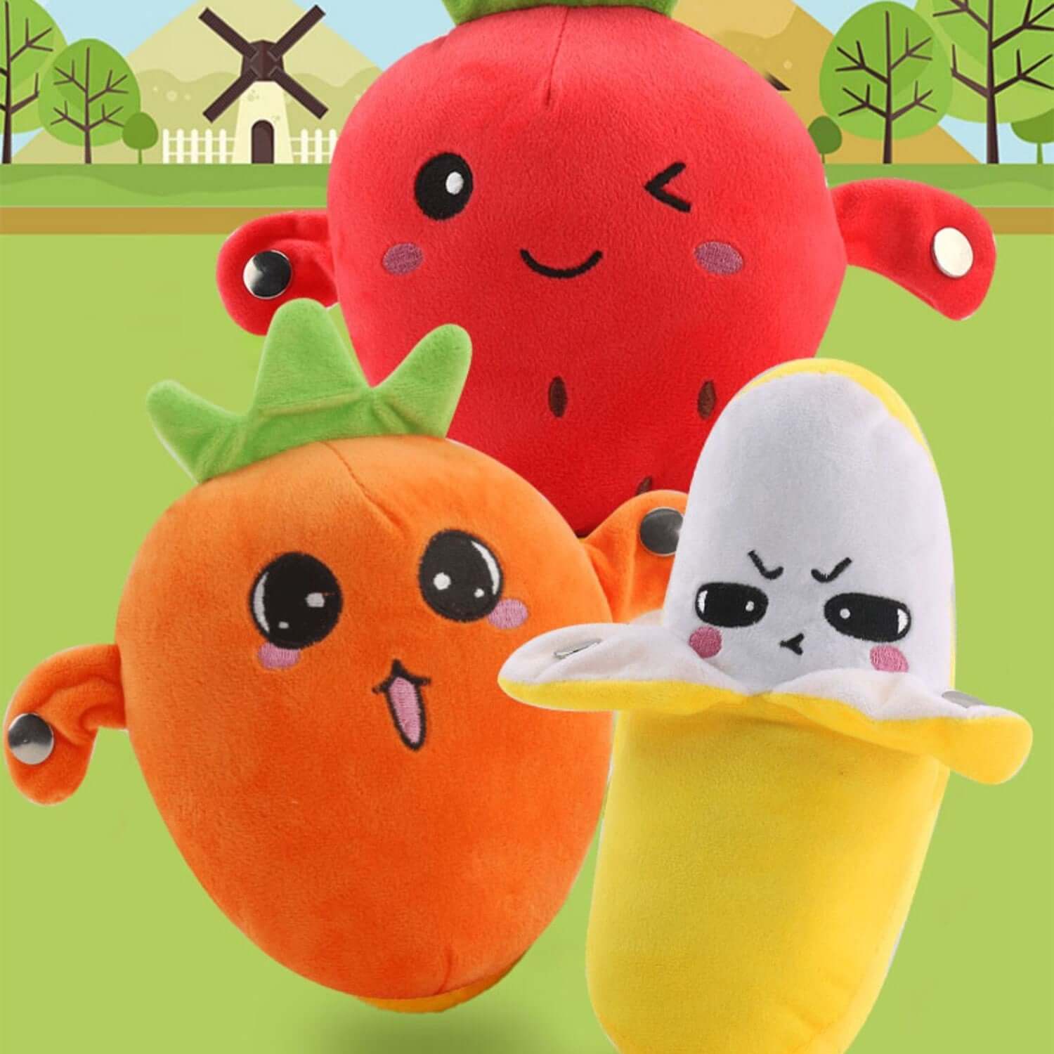 Human-Sensing Interactive Plush Toy featuring colorful fruit characters, perfect for interactive play.