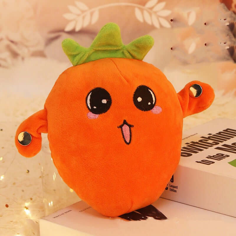 Human-Sensing Interactive Plush Toy with cute carrot fruit design and green top, perfect for interactive play.