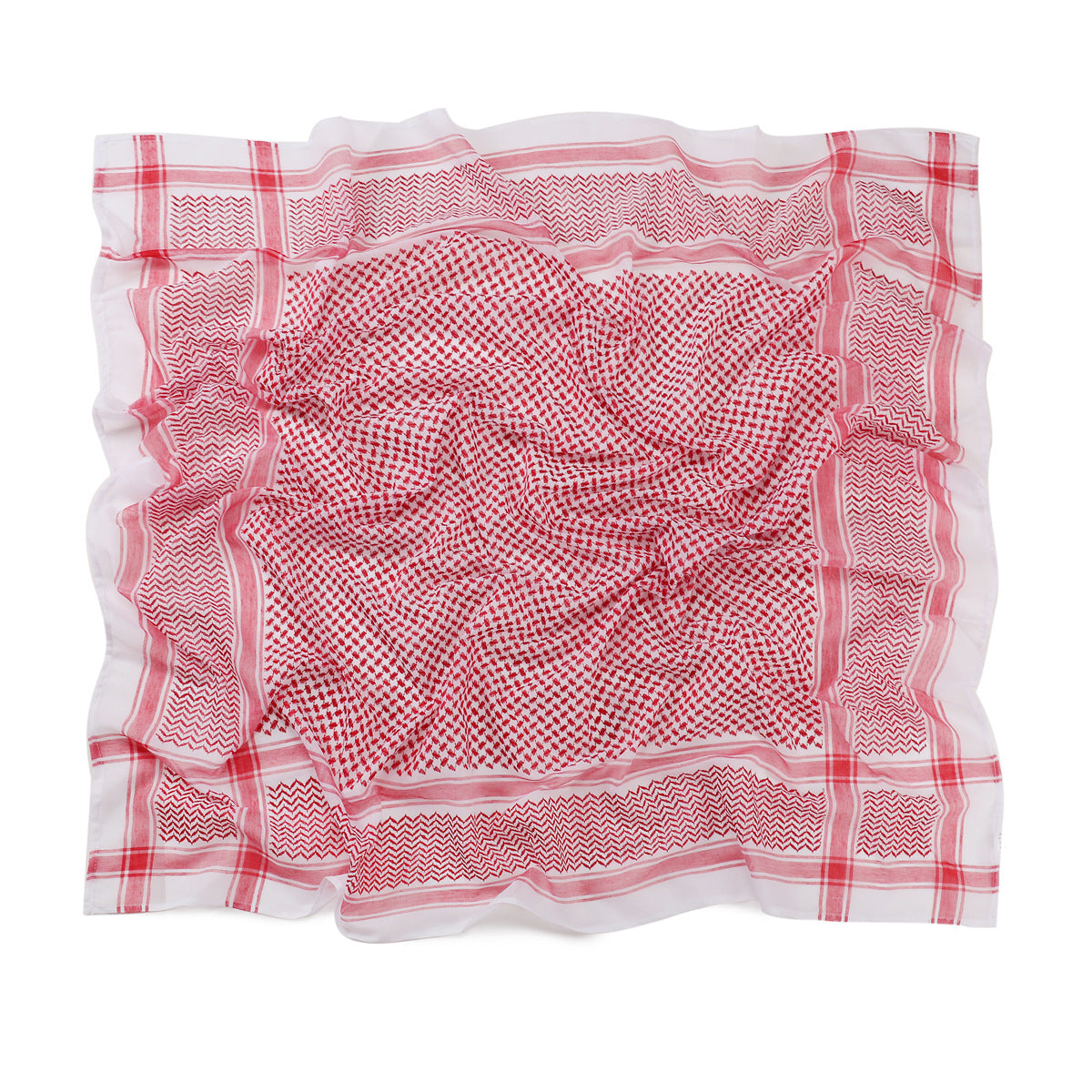 Detailed storefront display of the AL-SULTAN traditional red white shemagh scarf, showcasing the intricate jacquard wave-pattern textures and precision woven geometric border detailing.
