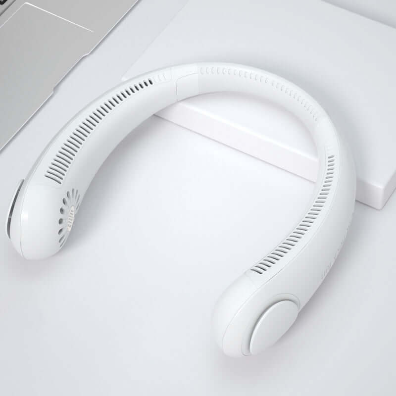 Leafless Hanging Neck Fan – Hands-free wearable cooling band in white, designed for comfort and efficient air circulation.