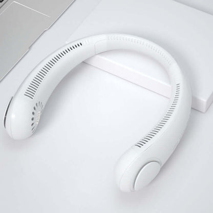 Leafless Hanging Neck Fan – Hands-free wearable cooling band in white, designed for comfort and efficient air circulation.
