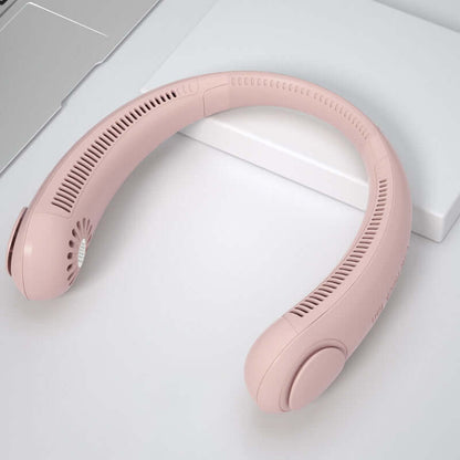Leafless Hanging Neck Fan – Hands-Free Wearable Cooling Band in pink color, placed on a desk.