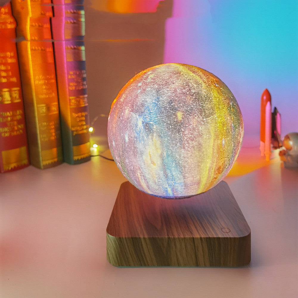 Levitating moon lamp floating above a walnut base, glowing galaxy moon night light