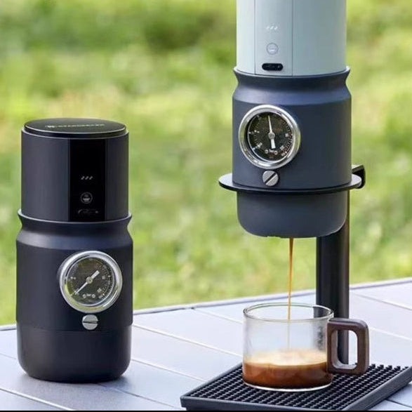 Portable Espresso Maker displayed outdoors, showcasing its lightweight and professional design for coffee on the go.
