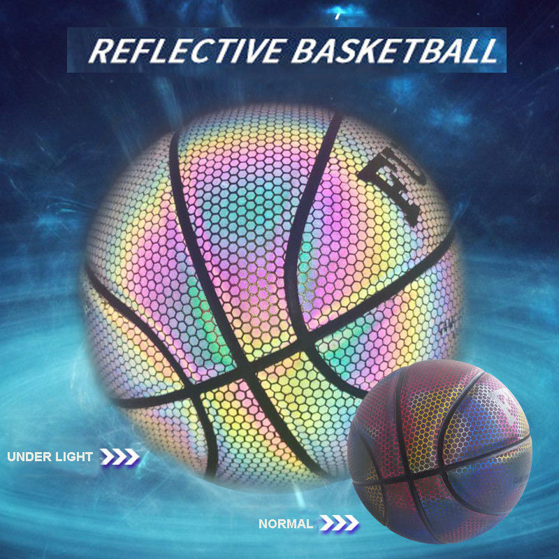 Luminous Reflective Basketball showcasing holographic colors under light and in normal conditions.