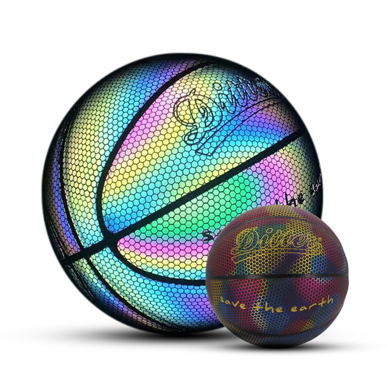 Luminous Reflective Basketball featuring a holographic design, perfect for indoor and outdoor play on cement floors.