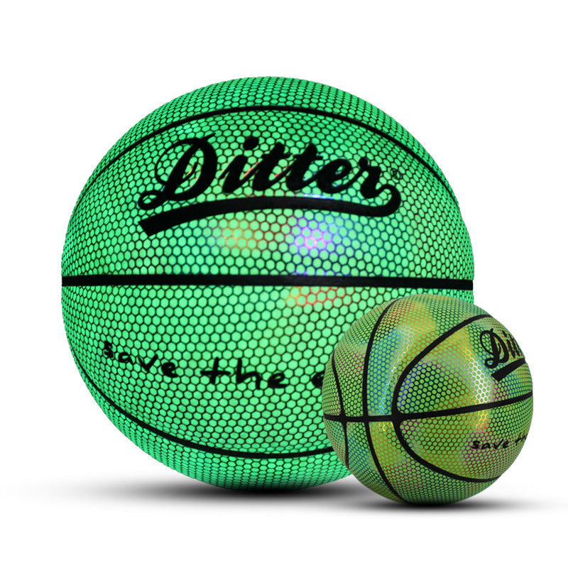 Luminous Reflective Basketball featuring a vibrant green design, suitable for indoor and outdoor play.