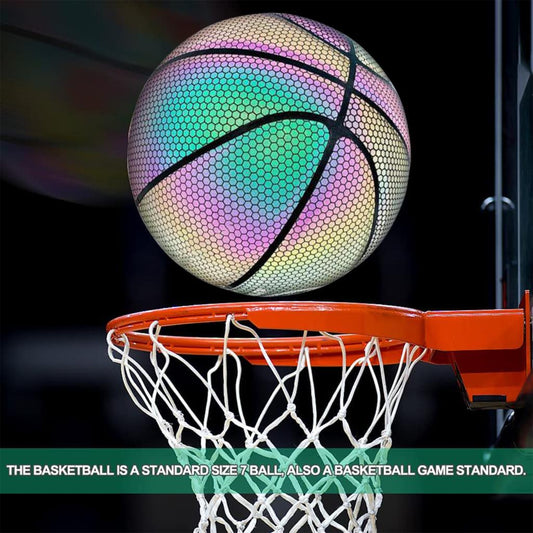 Luminous Reflective Basketball in action, showcasing its unique holographic design above a basketball hoop.