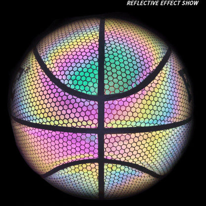 Luminous Reflective Basketball showcasing its holographic design with colorful reflective effects on a black background.