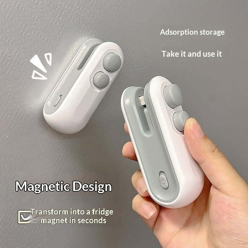 A white Mini 2-in-1 Rechargeable Heat Sealer being used to seal a snack bag, showcasing its compact, handheld ergonomic design.