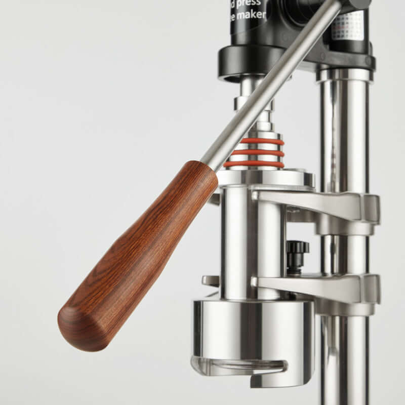 Manual Espresso Machine detailed view showcasing the hand press lever and stainless steel components.