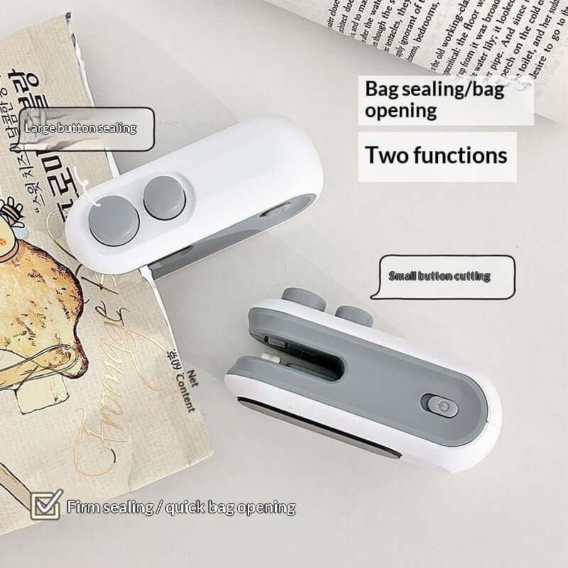 A white Mini 2-in-1 Rechargeable Heat Sealer being used to seal a snack bag, showcasing its compact, handheld ergonomic design.