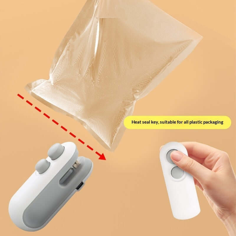 A white Mini 2-in-1 Rechargeable Heat Sealer being used to seal a snack bag, showcasing its compact, handheld ergonomic design.