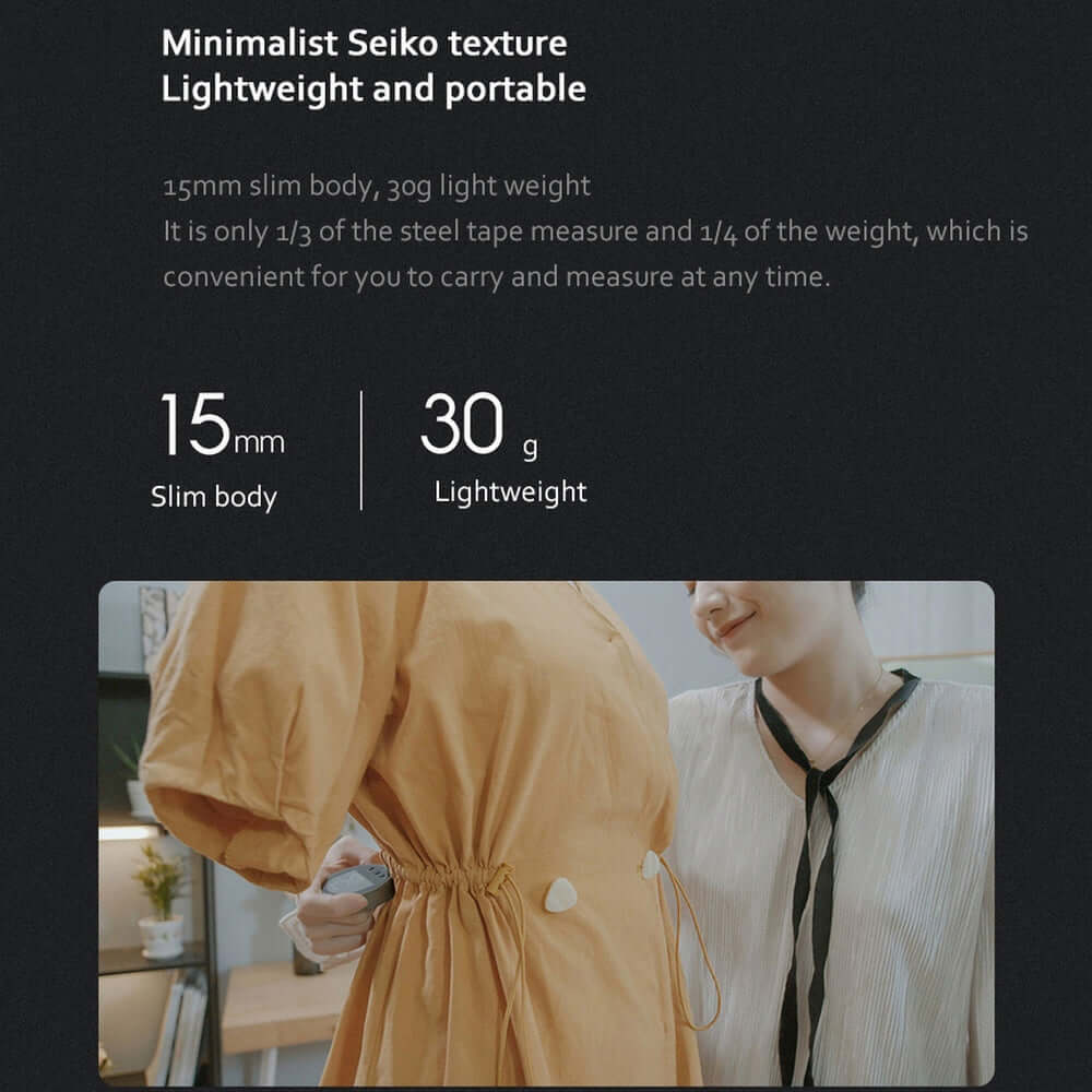 A promotional graphic showcases the PrecisionCore HD High Precision Electronic Measuring Ruler Tool, with text and a photo of two people—one in a yellow dress, the other in white—the device clipped to the yellow dress’s waist.