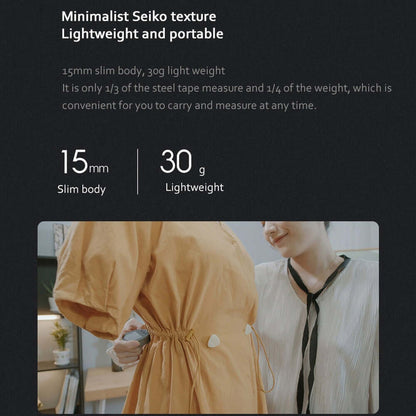 A promotional graphic showcases the PrecisionCore HD High Precision Electronic Measuring Ruler Tool, with text and a photo of two people—one in a yellow dress, the other in white—the device clipped to the yellow dress’s waist.