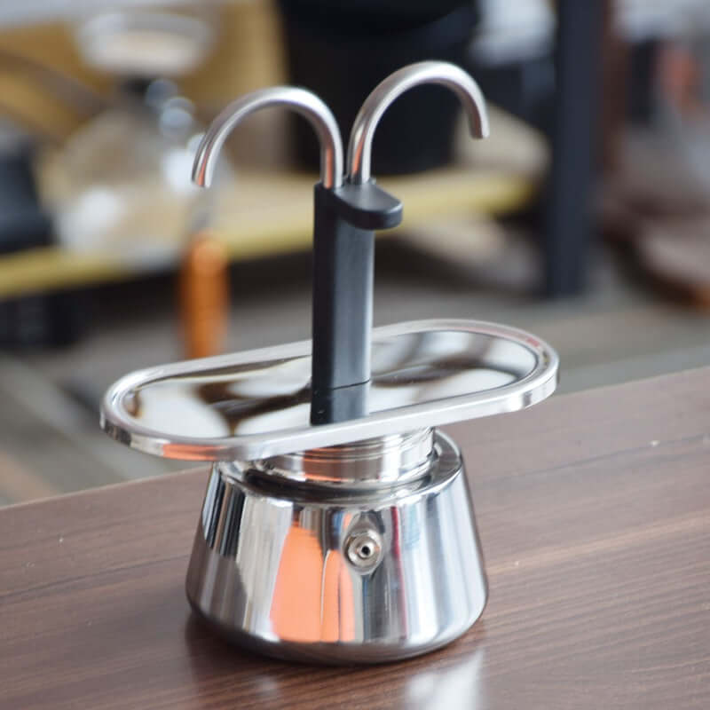 Modern Moka Pot – Premium Unique Design Stainless Steel Espresso Maker on wooden table