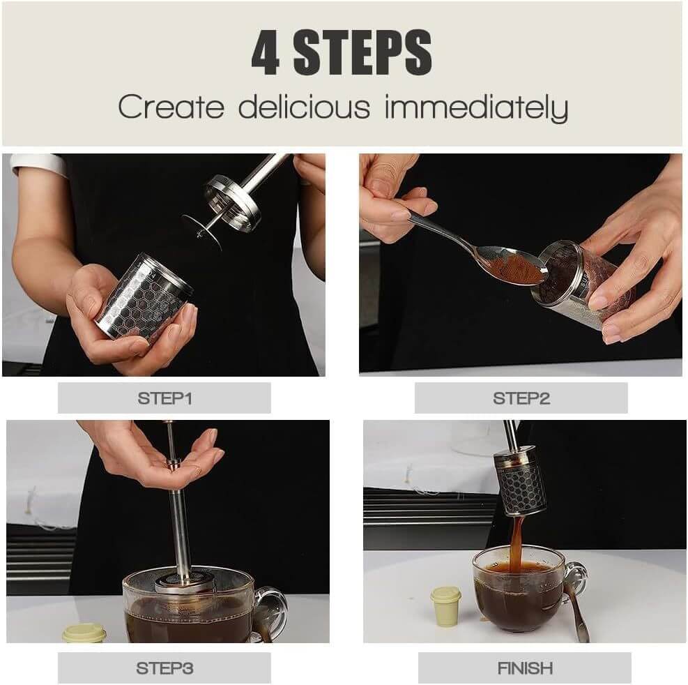 A stainless steel Portable Press Coffee Infuser stick filtering coffee grounds inside a ceramic travel mug.