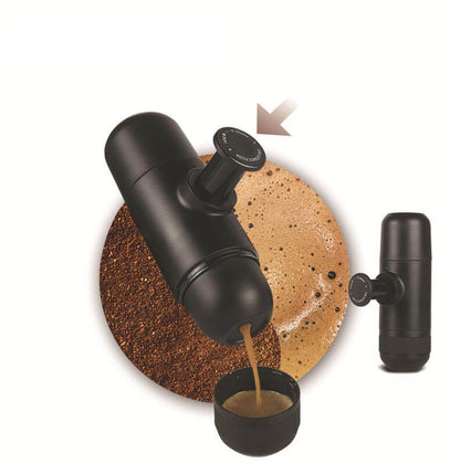 Portable Hand Espresso Maker brewing coffee from ground powder
