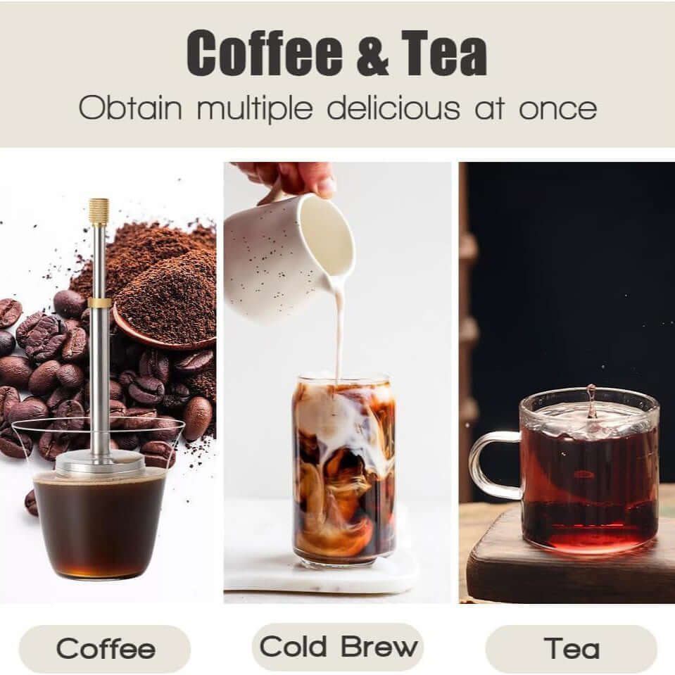 A stainless steel Portable Press Coffee Infuser stick filtering coffee grounds inside a ceramic travel mug.