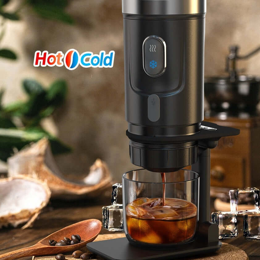 Portable Electric Espresso Maker brews coffee in hot and cold settings, ideal for travel and on-the-go enjoyment.